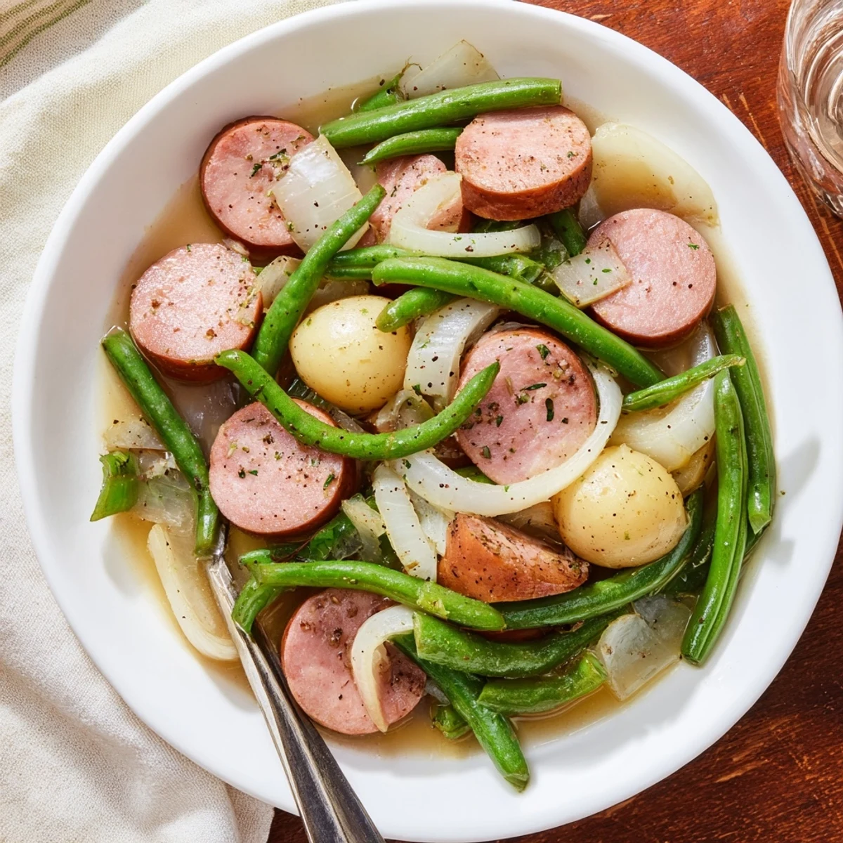 Hearty Crockpot Kielbasa and Green Beans one-pot meal with baby potatoes and onions