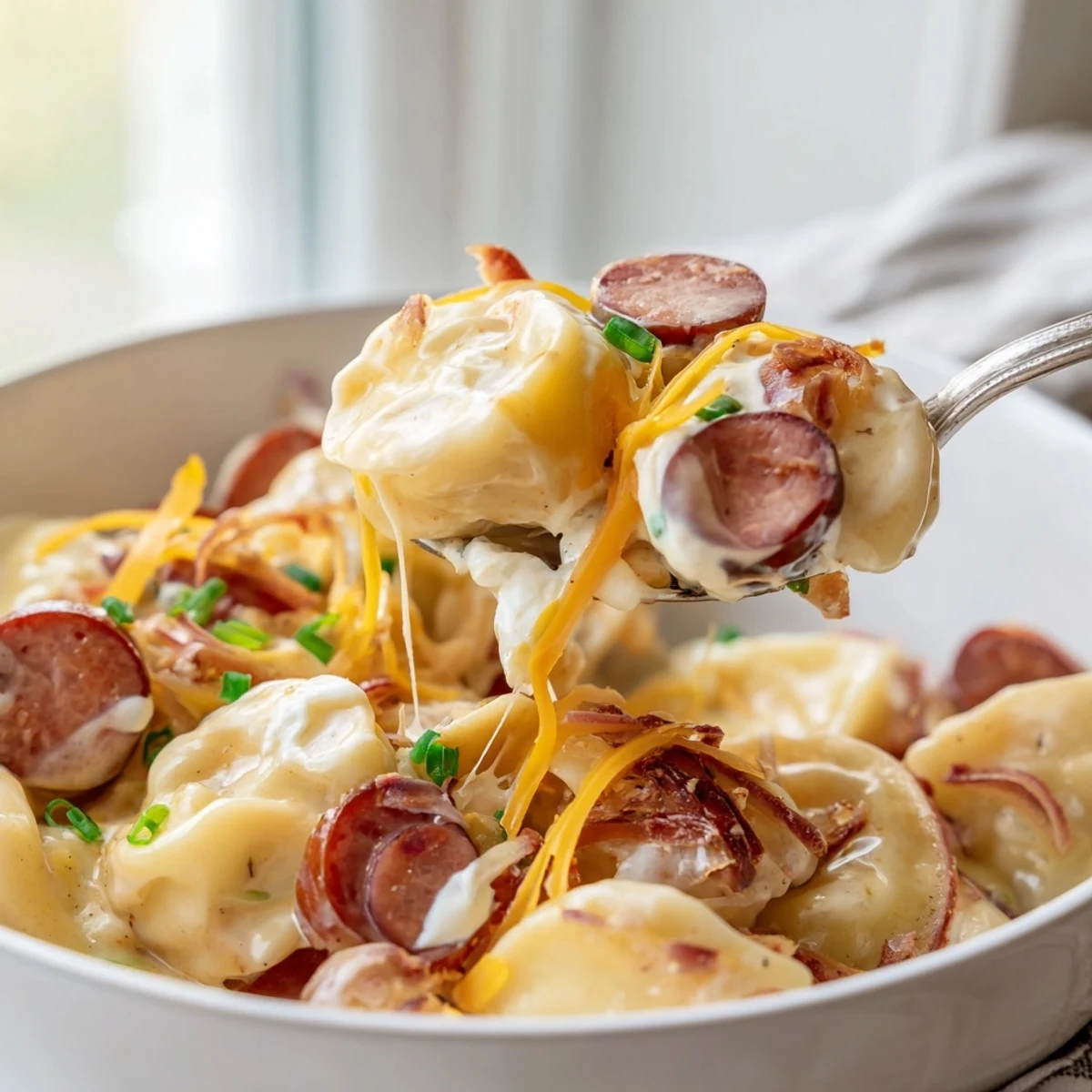Hearty Pierogi Casserole with Kielbasa featuring pillowy dumplings in rich sour cream sauce under golden cheese topping