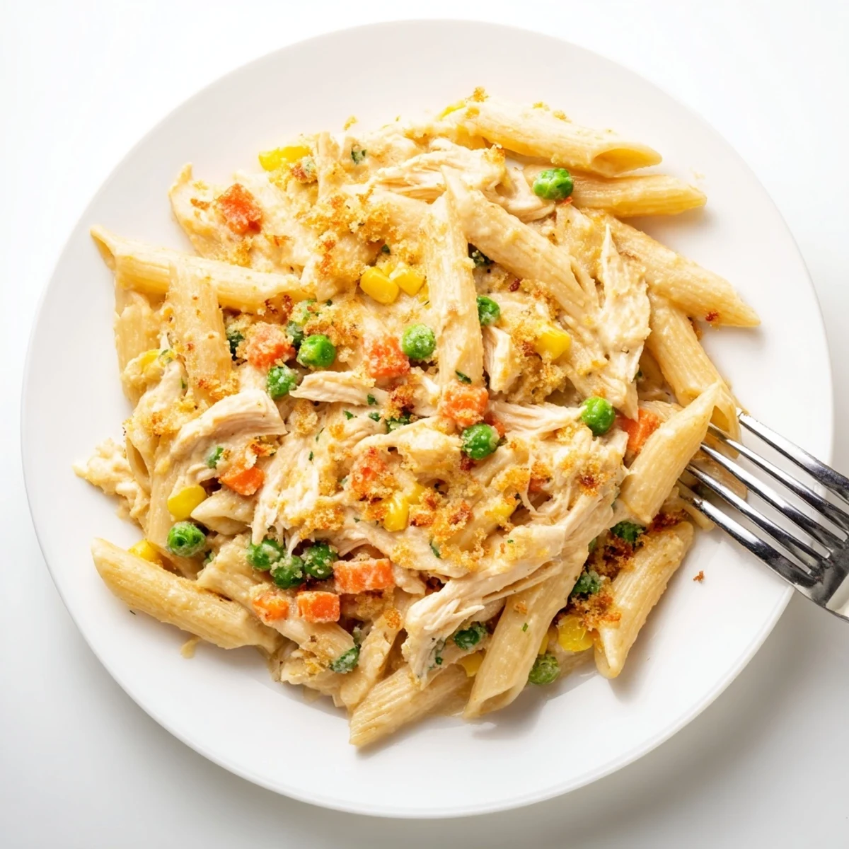 Golden-baked chicken pot pie pasta with crispy parmesan panko topping in a casserole dish