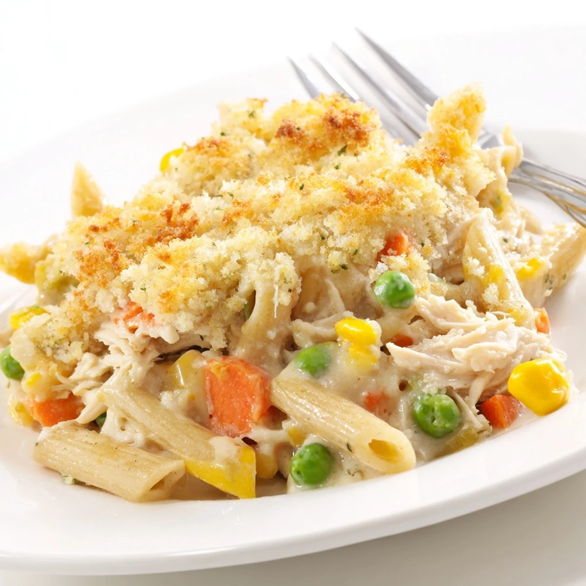 Comforting chicken pot pie pasta with tender shredded chicken and golden breadcrumb crust