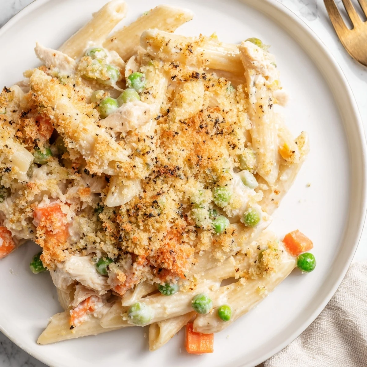 Creamy chicken pot pie pasta casserole bubbling with vegetables and melted cheese sauce