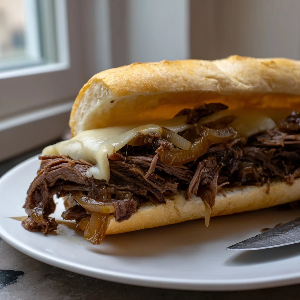 Slow cooker Crockpot French Dip Sandwiches with tender shredded beef and melted provolone on toasted hoagie rolls
