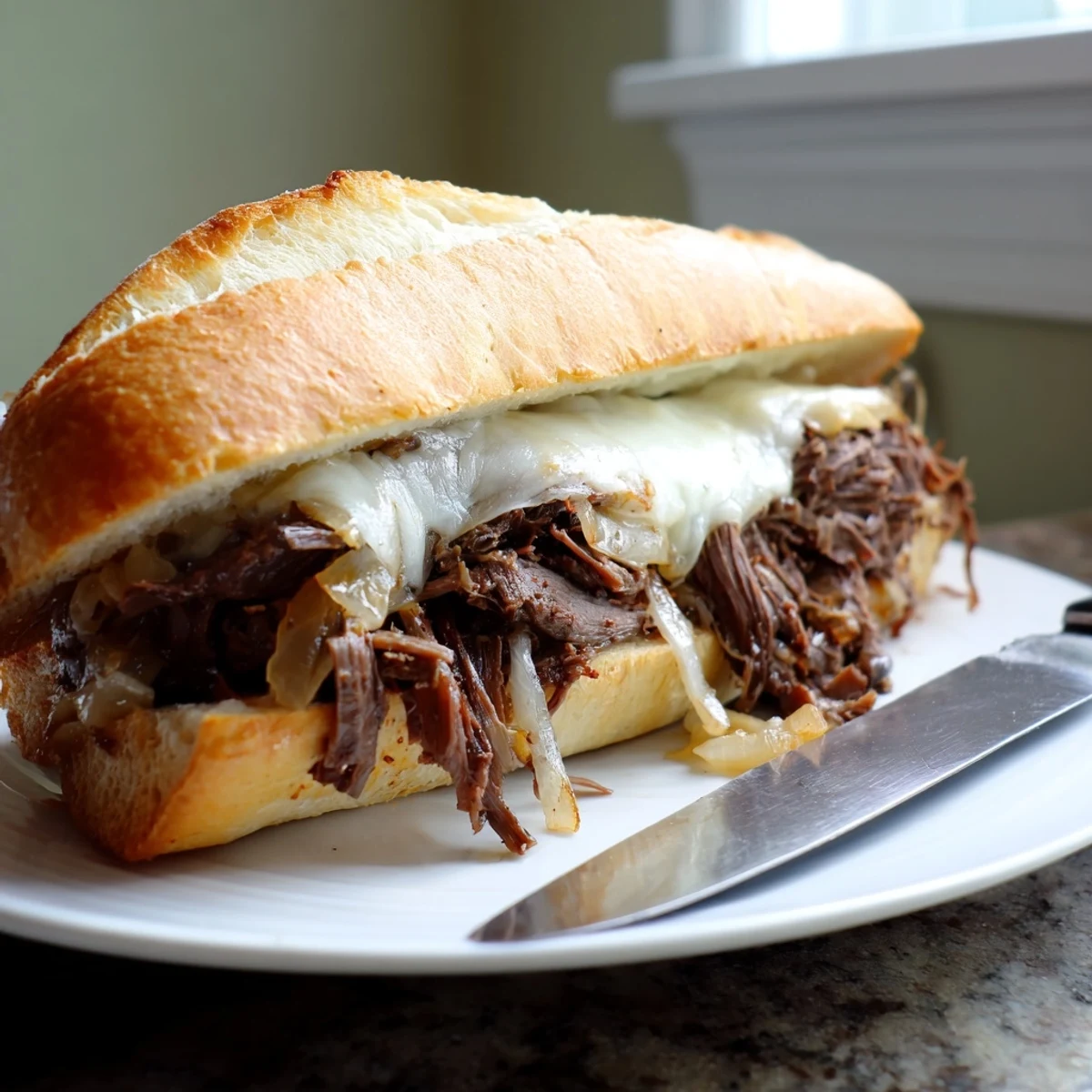Hearty beef sandwiches served alongside rich au jus dipping sauce with fresh thyme and rosemary aromatics