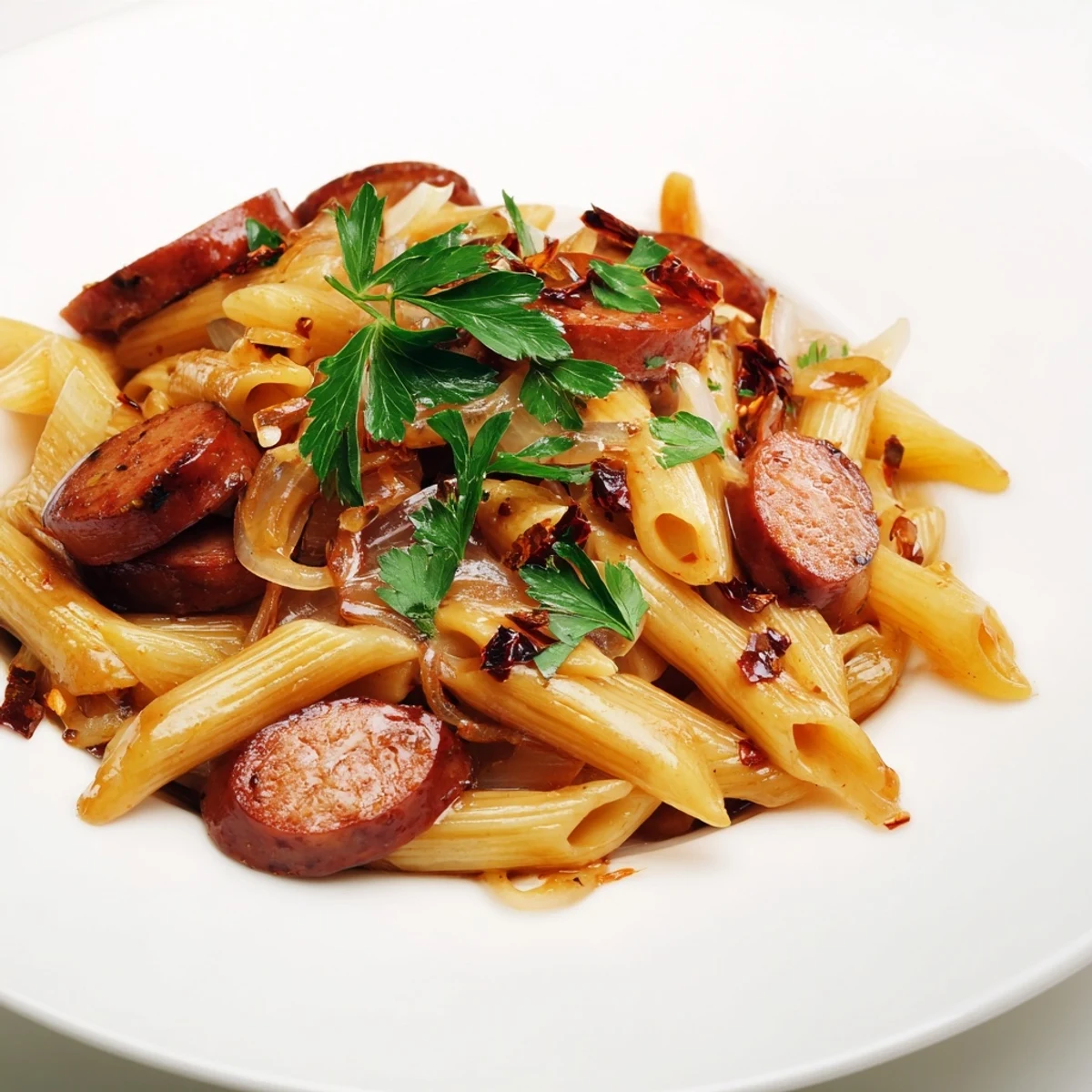 Golden honey garlic sausage pasta skillet with caramelized meat coated in glossy sauce