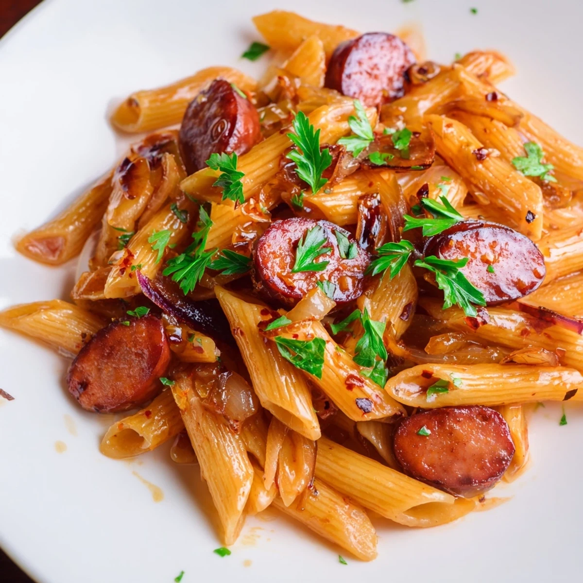 One-pan sticky honey garlic sausage pasta dish garnished with fresh chopped parsley