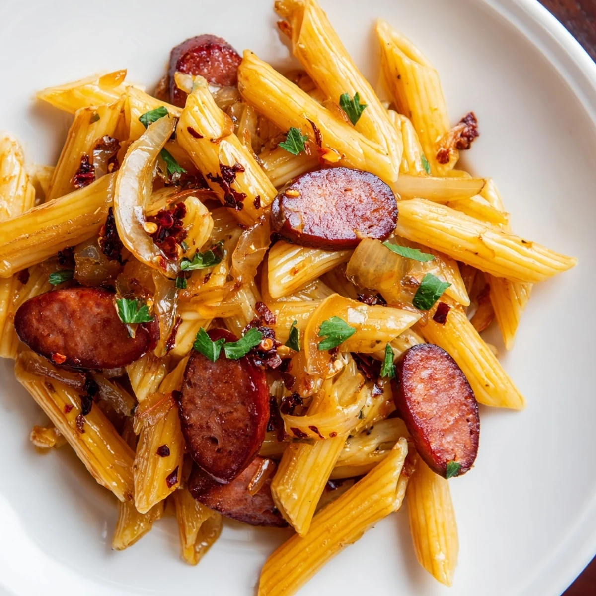 Savory sausage and penne pasta tossed in rich honey garlic glaze