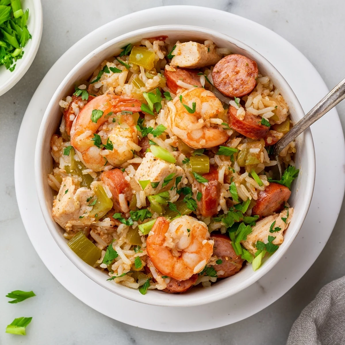 Slow cooker Crock Pot Jambalaya brimming with chicken, sausage, and shrimp in a rich red broth