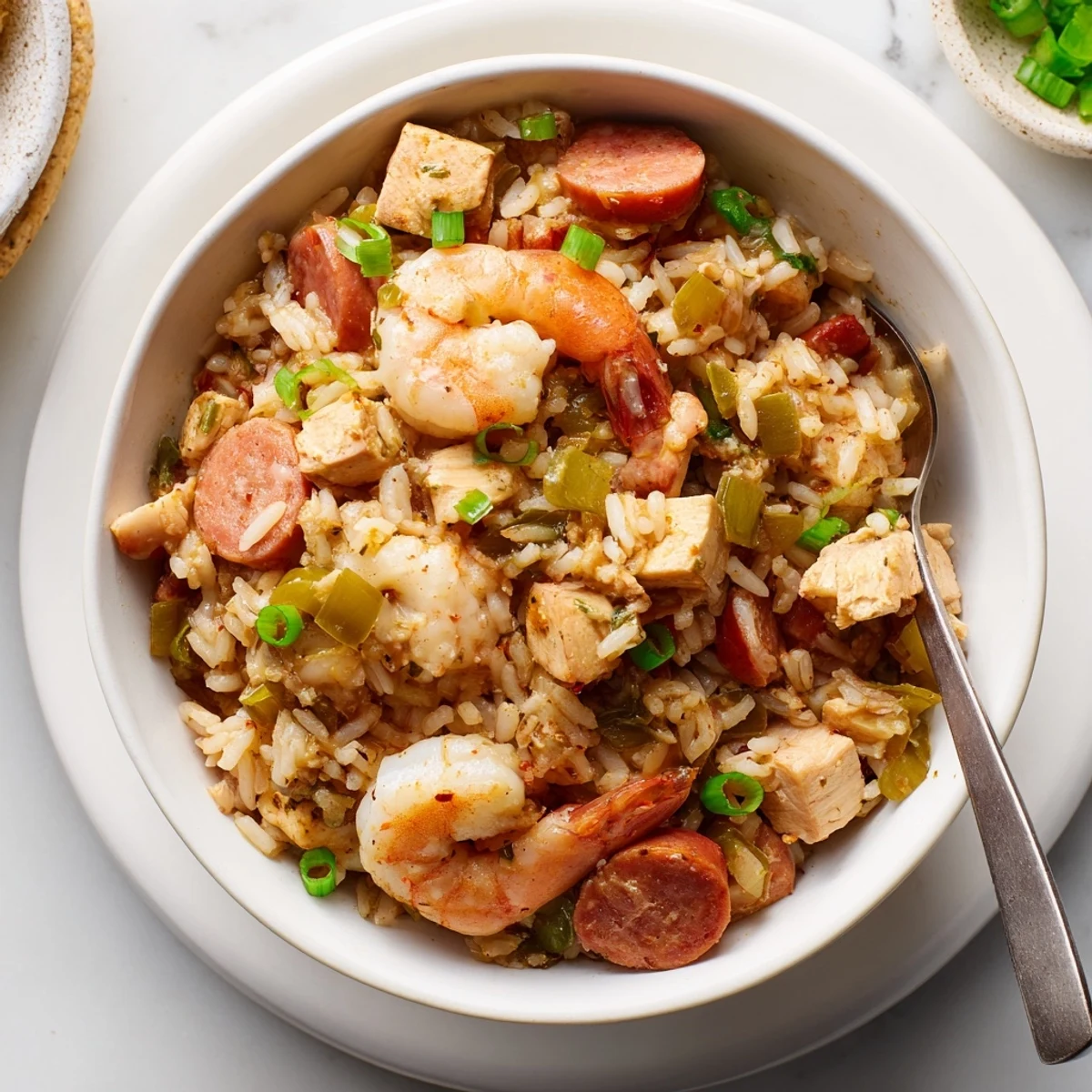 Colorful bowl of Crock Pot Jambalaya loaded with seafood and spicy Creole-seasoned ingredients