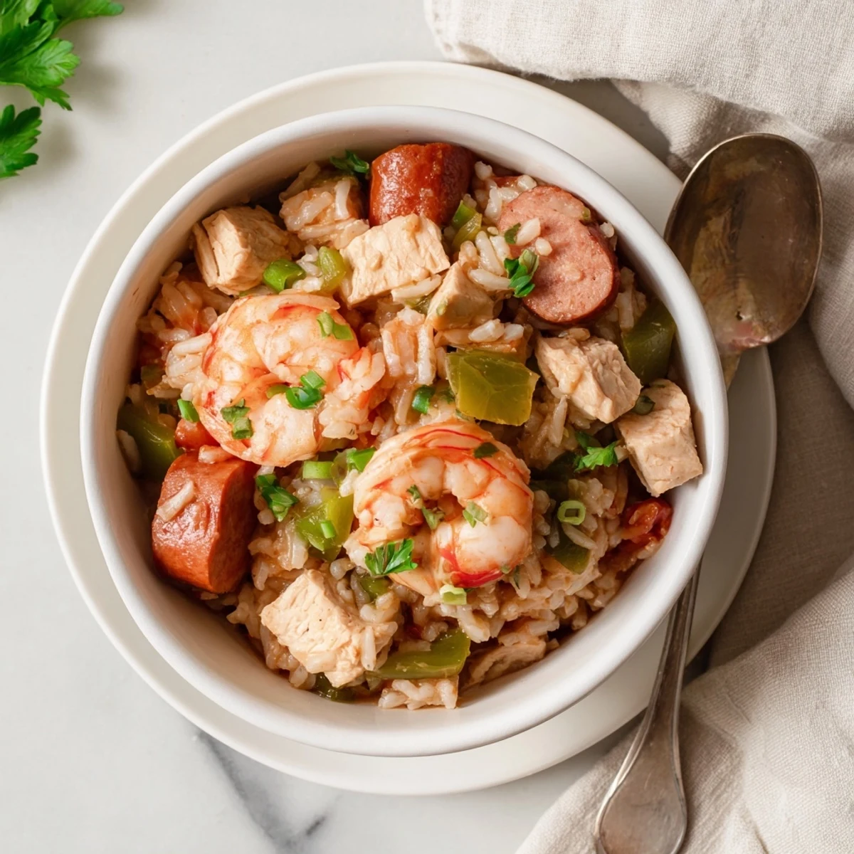 Hearty Crock Pot Jambalaya featuring tender meats and rice, garnished with fresh green onions