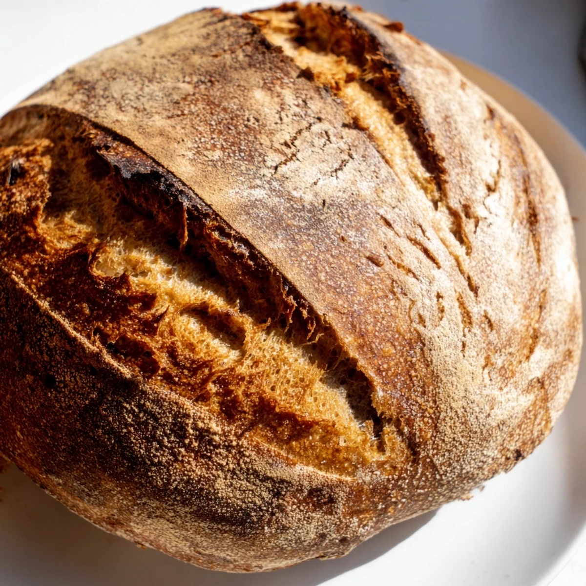Golden brown artisan sourdough bread with a crisp cracked crust and open airy crumb