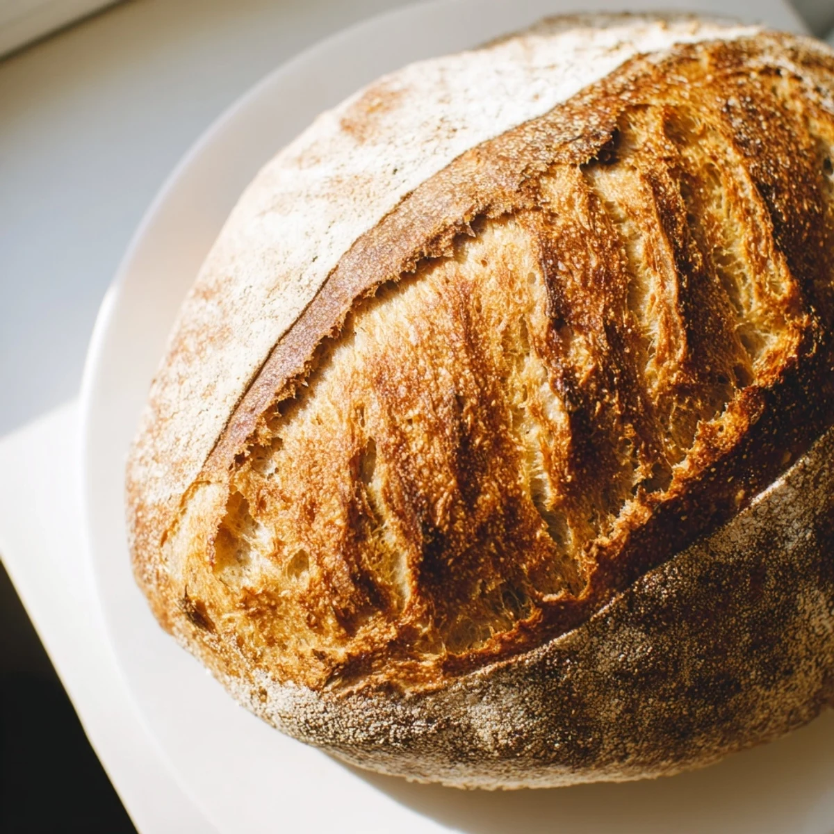 Freshly baked sourdough bread loaf cooling on wire rack with deep caramelized exterior