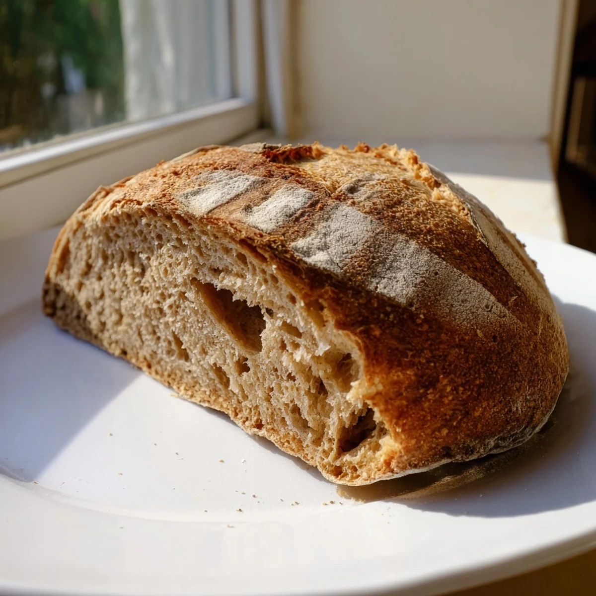 Handmade sourdough bread scored with decorative pattern revealing soft chewy interior texture