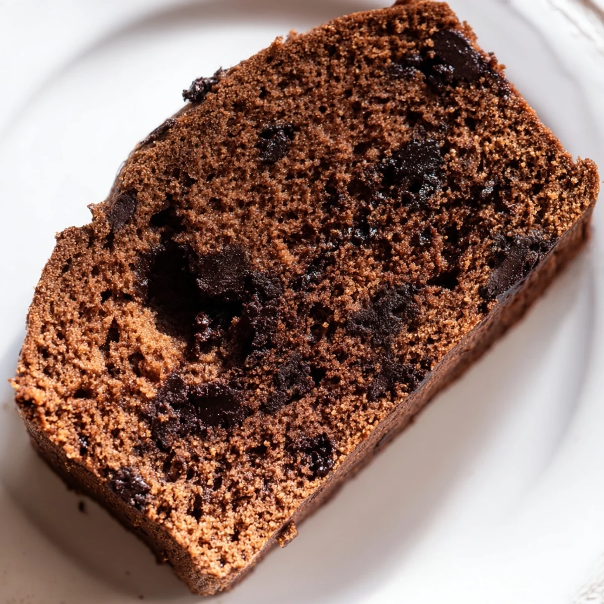 Moist chocolate espresso banana bread loaf studded with melty chocolate chips on a wooden board