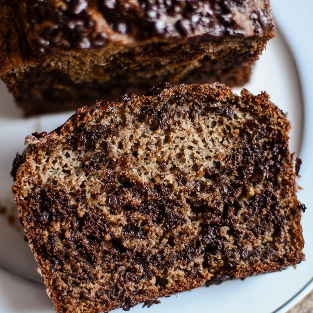 Sliced dark chocolate espresso banana bread revealing tender crumbs and pockets of semisweet chocolate