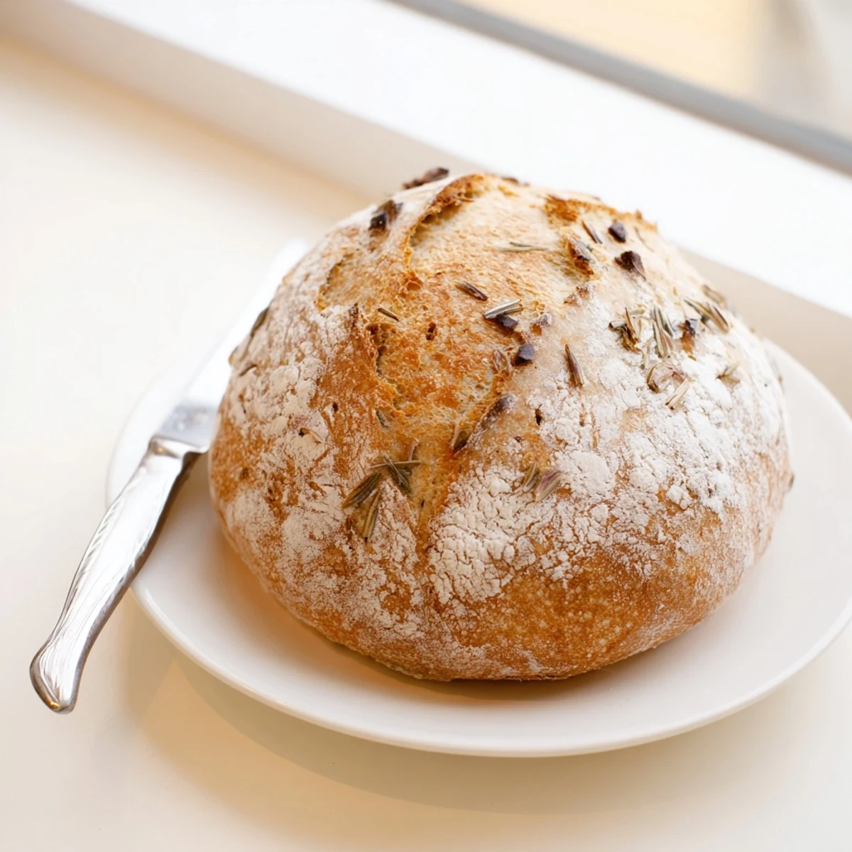 Golden crust Dutch oven garlic rosemary bread with soft interior and fresh herbs