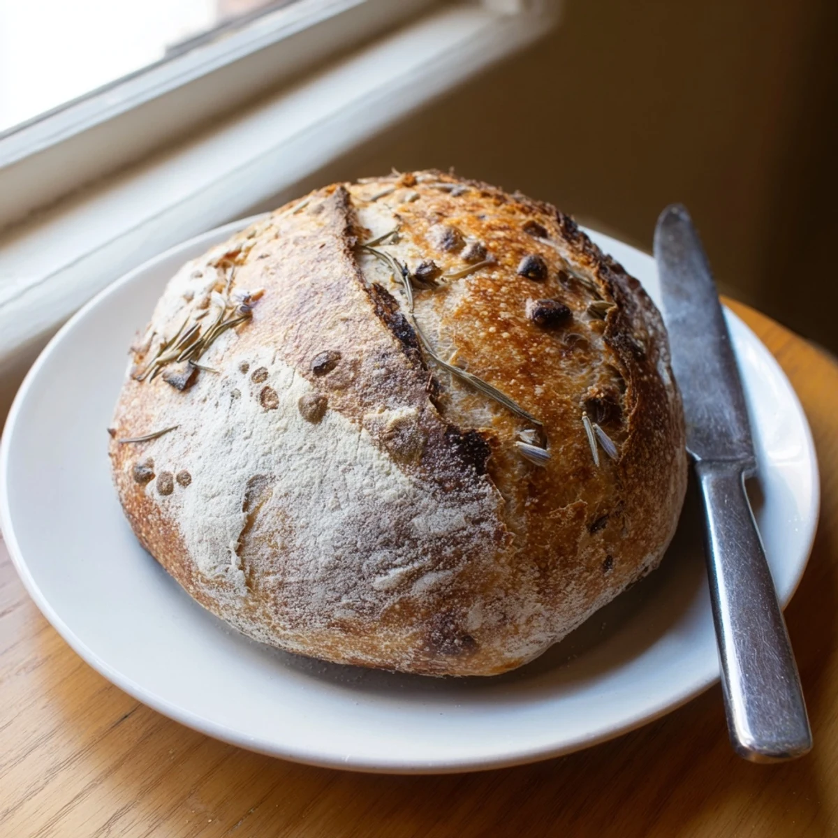 Rustic homemade garlic rosemary bread baked in cast iron with aromatic rosemary sprigs