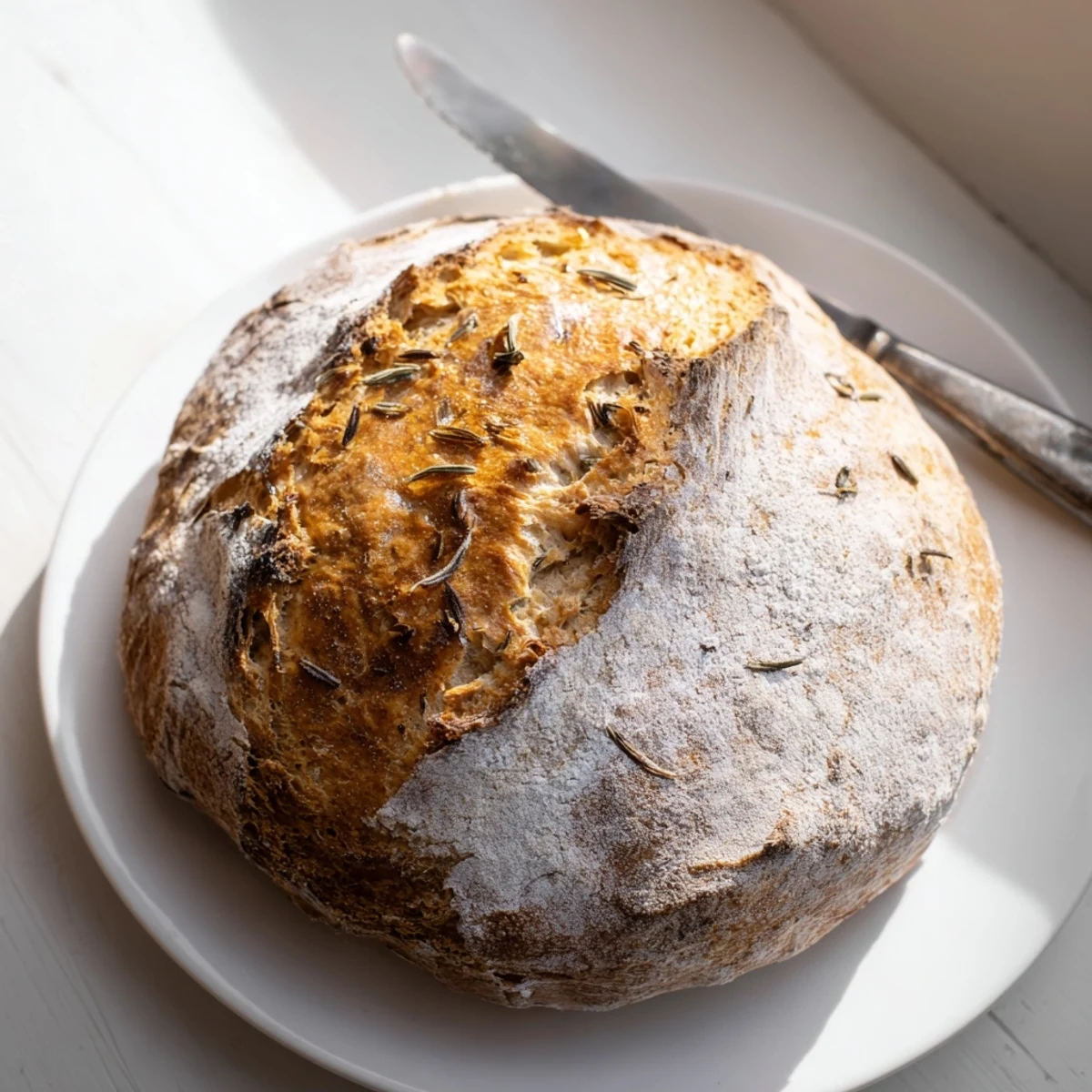 Sliced artisan Dutch oven garlic rosemary bread showing tender crumb and crispy exterior