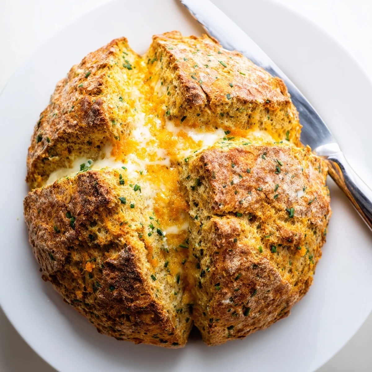 Rustic round soda bread with melted sharp cheddar and fresh herbs served warm with butter