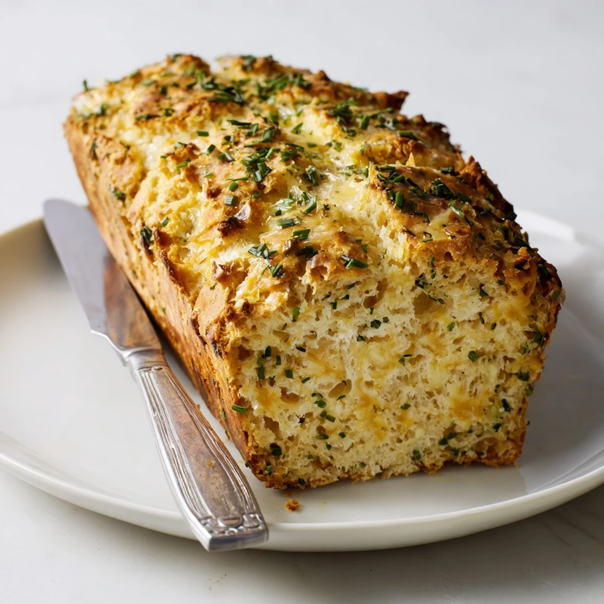 Savory quick bread featuring cheddar cheese and herbs sliced ready for a comforting soup side