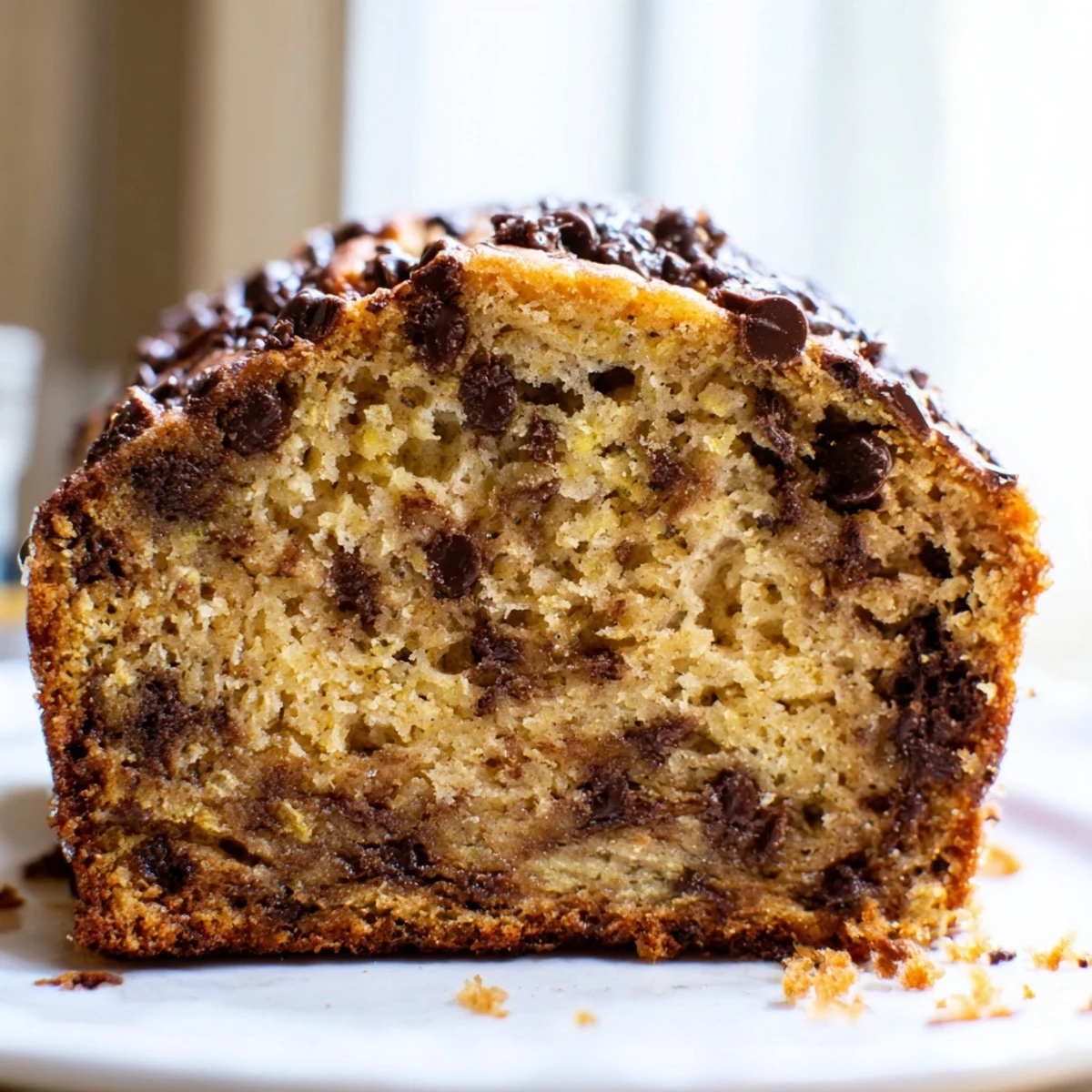 Golden brown chocolate chip banana bread loaf with melted chocolate chips on top