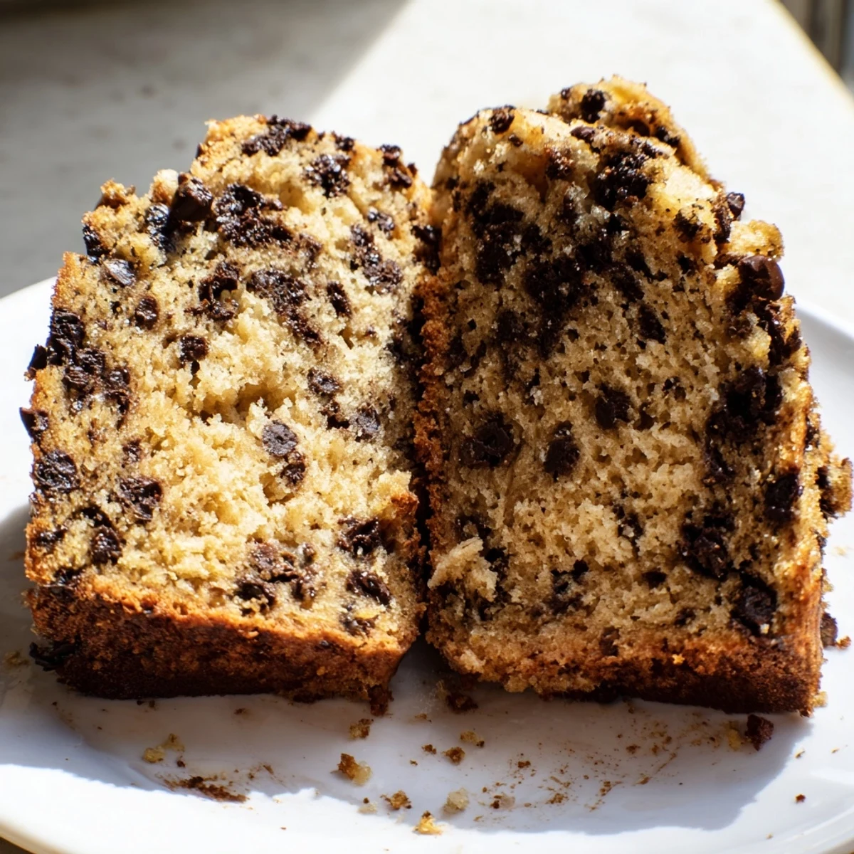 Slice of moist chocolate chip banana bread served on a white plate