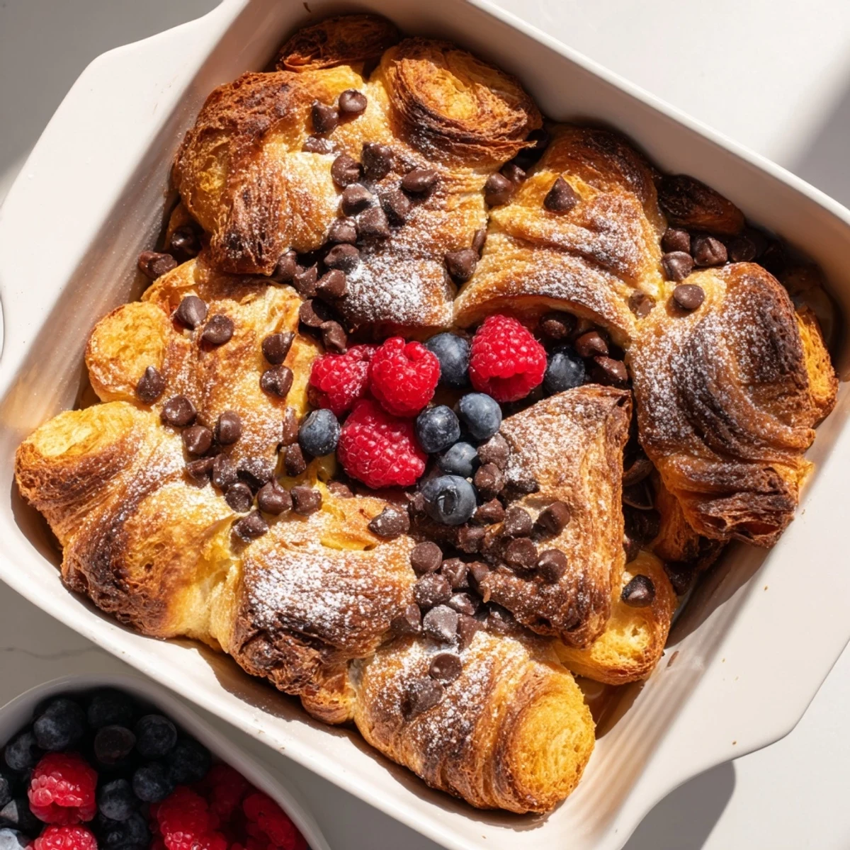 Warm chocolate croissant breakfast bake dusted with powdered sugar and fresh berries on top