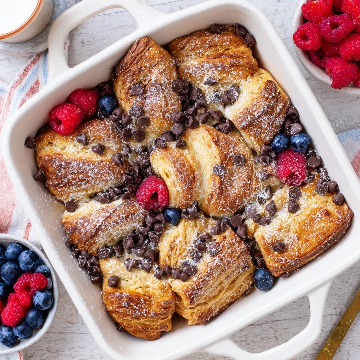 Baked chocolate croissant breakfast casserole featuring buttery golden pastry pieces in a rich vanilla custard