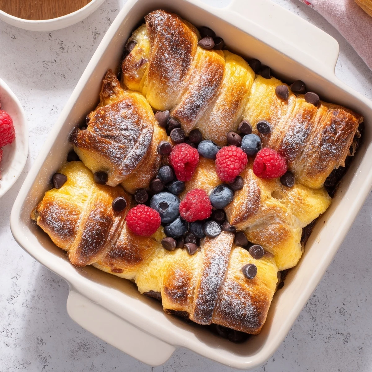 Golden brown chocolate croissant breakfast bake with melted chocolate chips and custard-soaked pastry layers