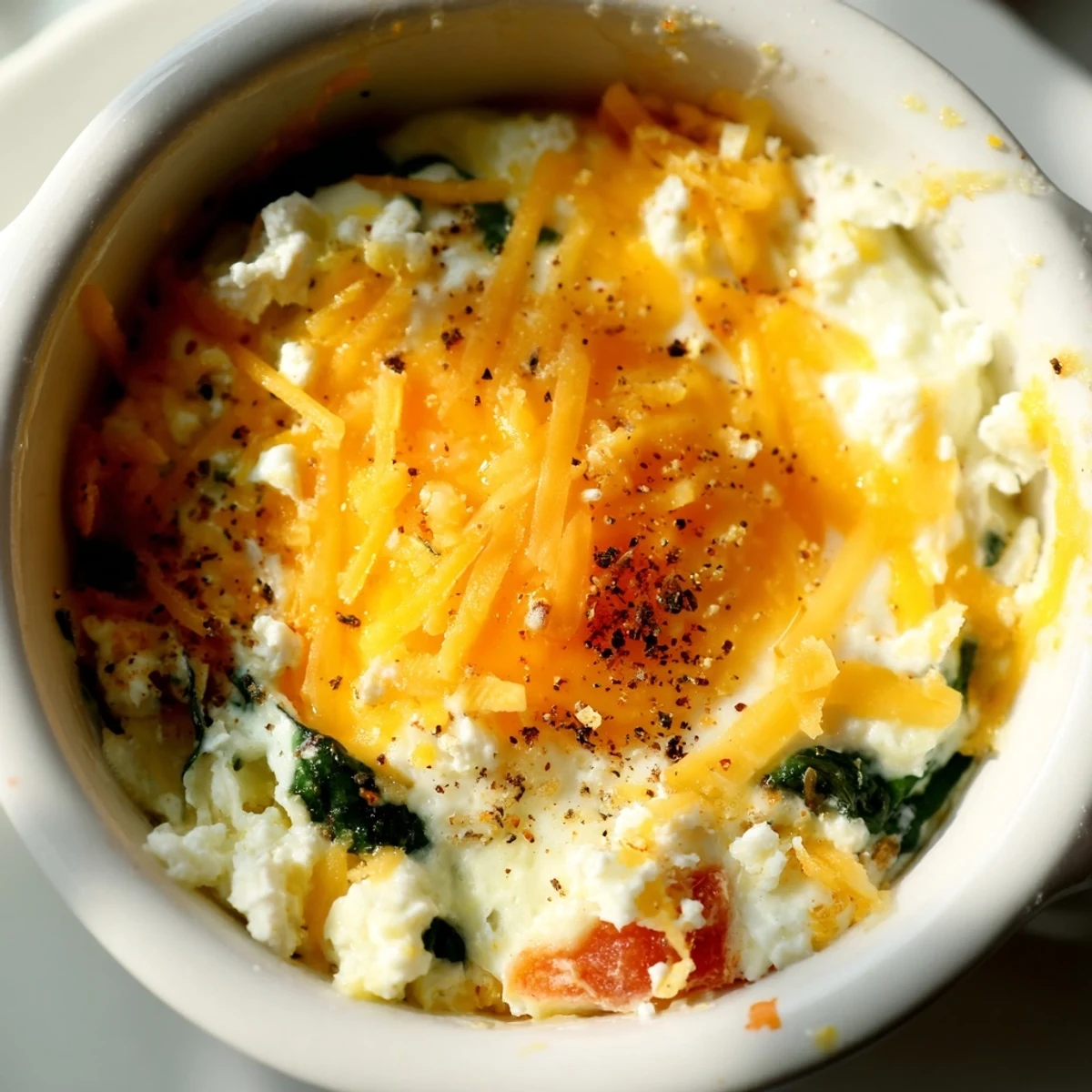 Golden baked cottage cheese eggs with melted cheese topping and fresh spinach in individual ramekins