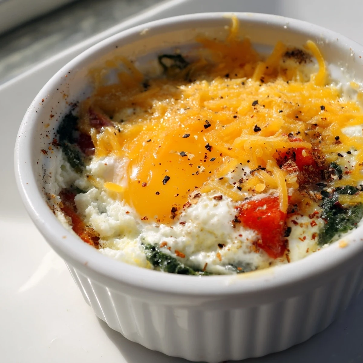 Protein-rich baked cottage cheese eggs featuring set egg whites with vibrant chives and diced tomatoes