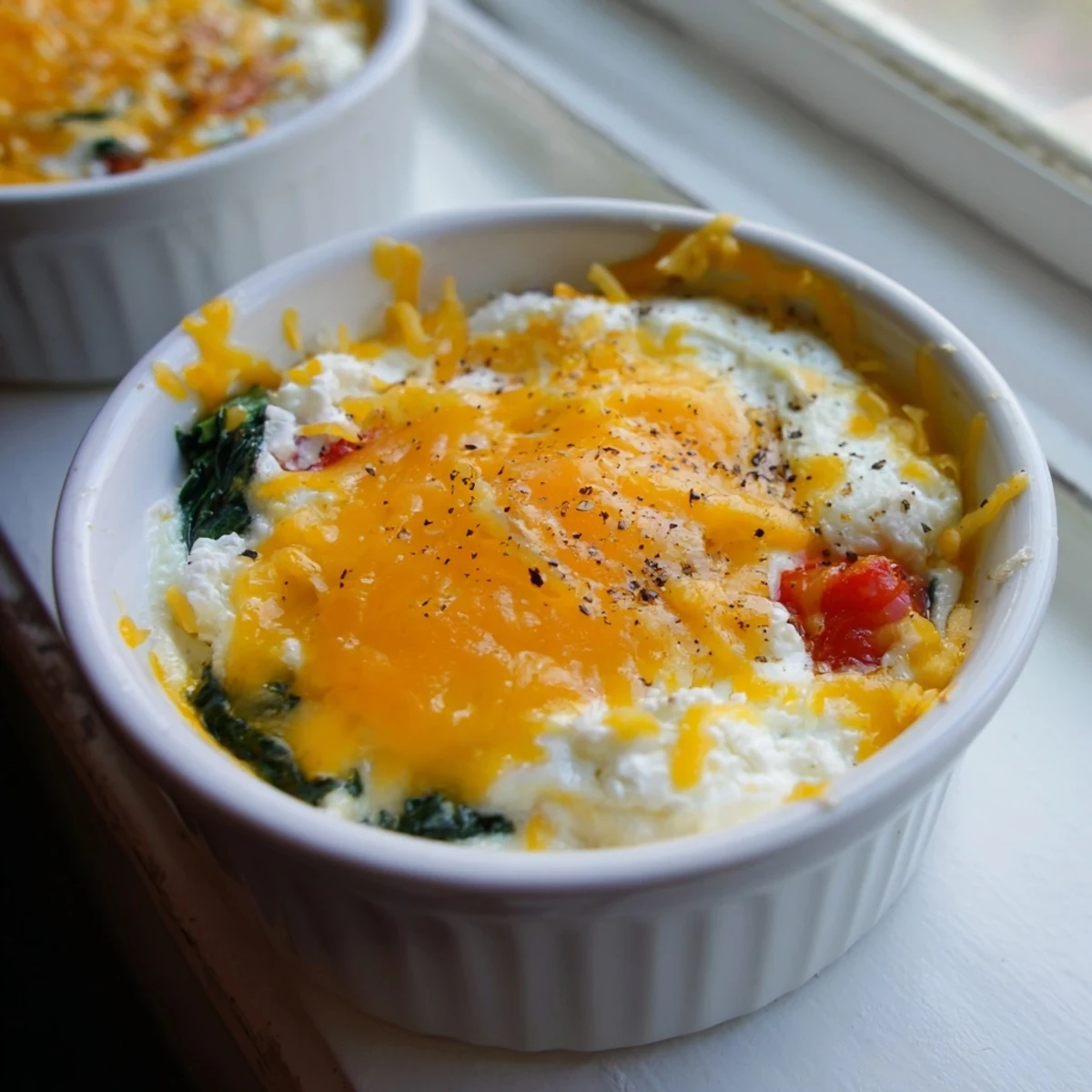 Wholesome baked cottage cheese eggs served hot with paprika dusting and optional shredded cheddar cheese