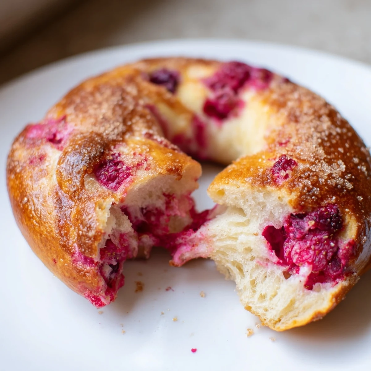 Golden homemade raspberry sourdough bagels topped with demerara sugar on a wooden board