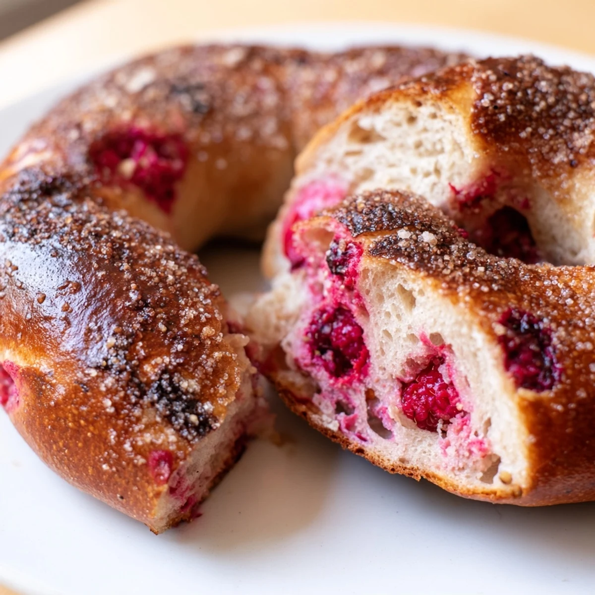Fresh raspberries visible in chewy fermented dough, these raspberry sourdough bagels ready for breakfast