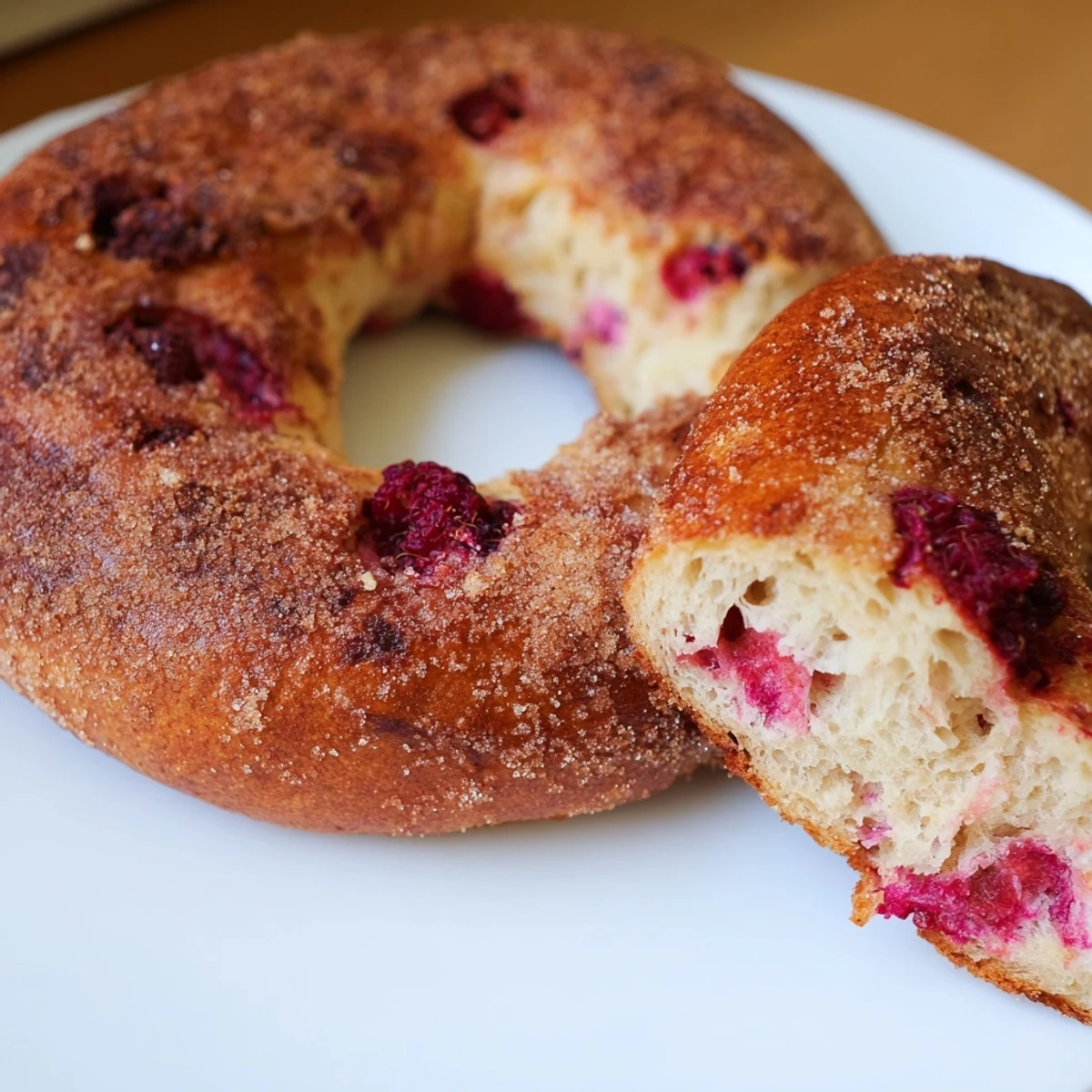 Steam rising from warm raspberry sourdough bagels with pink fruit pockets and golden crusts