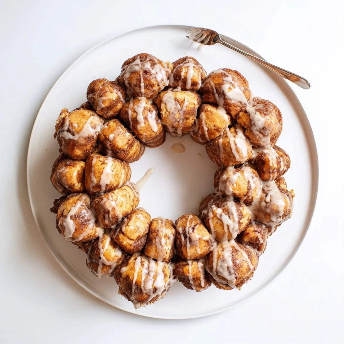 Golden high protein no sugar monkey bread coated in cinnamon sugar nestled in a bundt pan