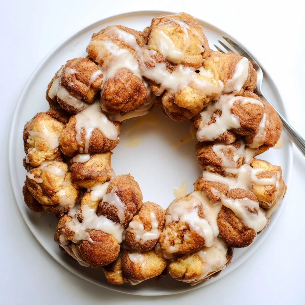 Warm pull-apart high protein no sugar monkey bread drizzled with vanilla yogurt glaze on a wooden board