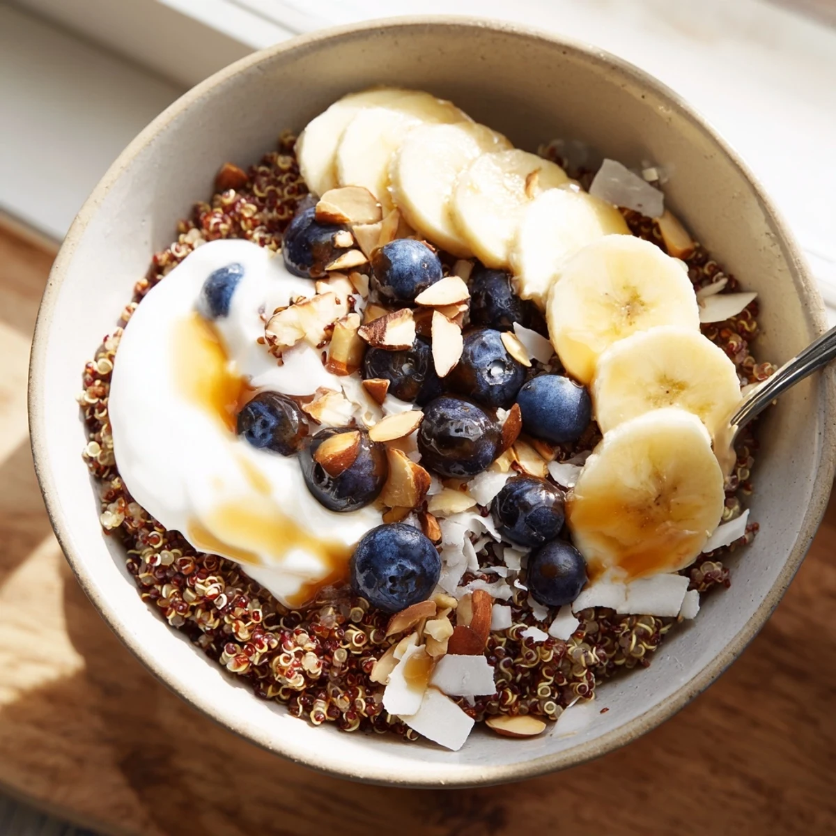 Warm blueberry quinoa breakfast bowl with Greek yogurt, ripe fruit, and shredded coconut garnish