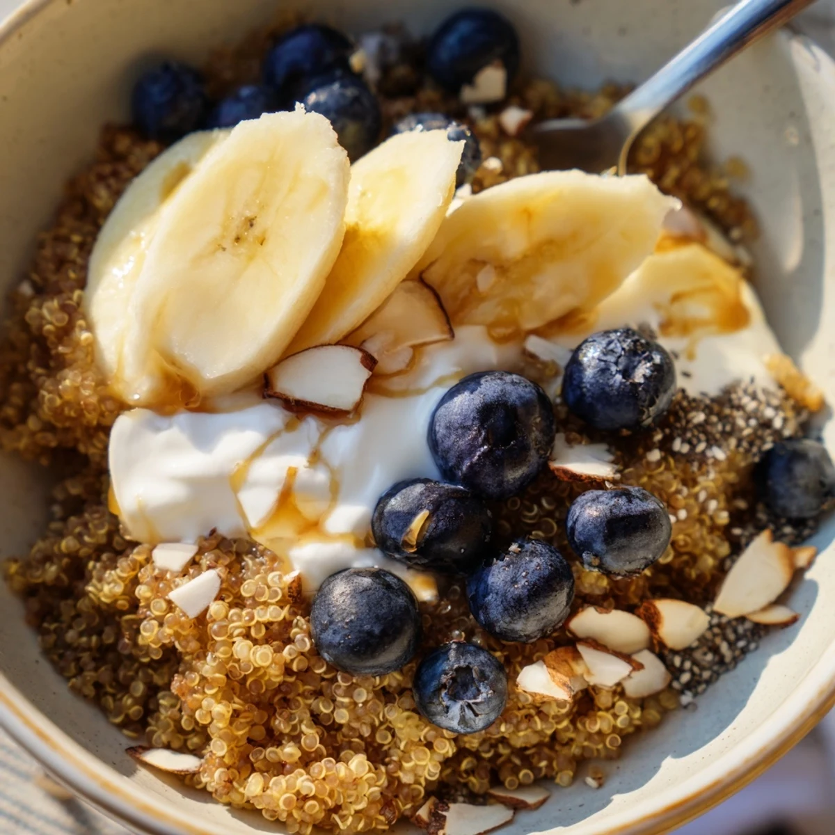 Creamy blueberry quinoa breakfast bowl topped with fresh bananas, crunchy almonds, and chia seeds