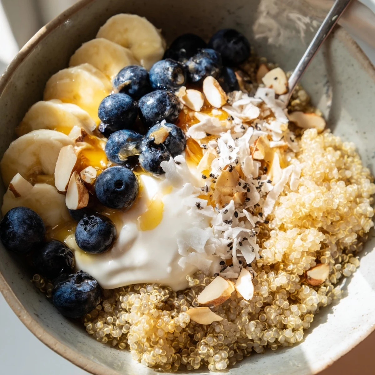 Vibrant blueberry quinoa breakfast bowl drizzled with maple syrup and sprinkled with walnuts