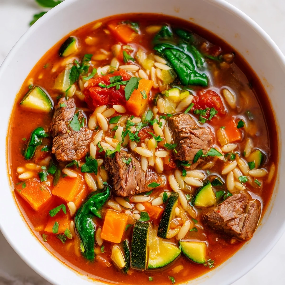 Steaming bowl of hearty beef and orzo soup brimming with colorful garden vegetables