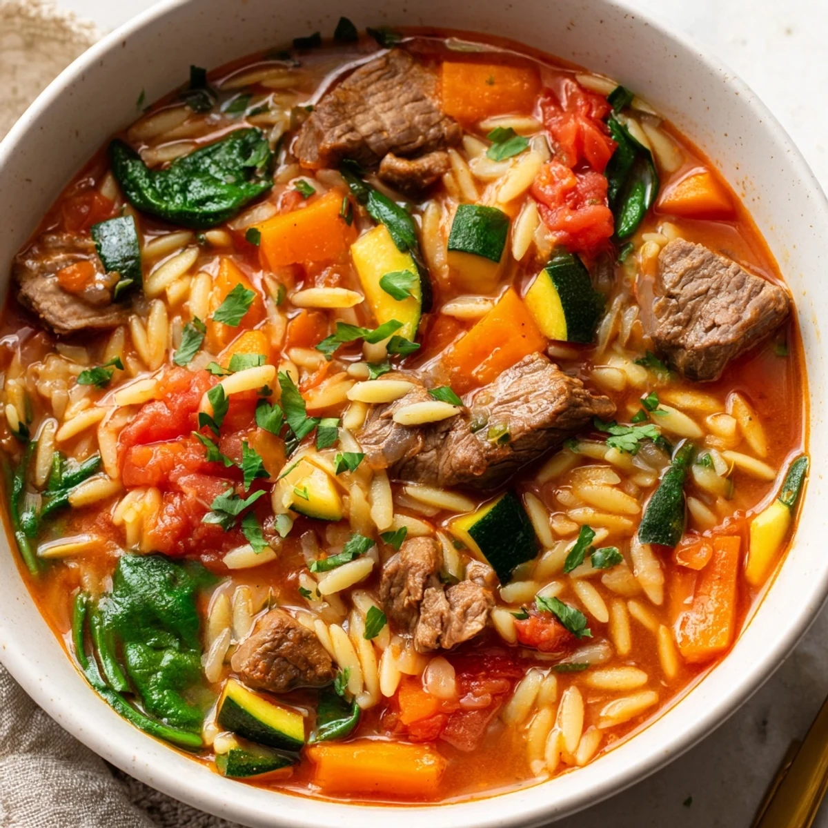 Hearty beef and orzo soup in rustic pot with tender meat and carrots