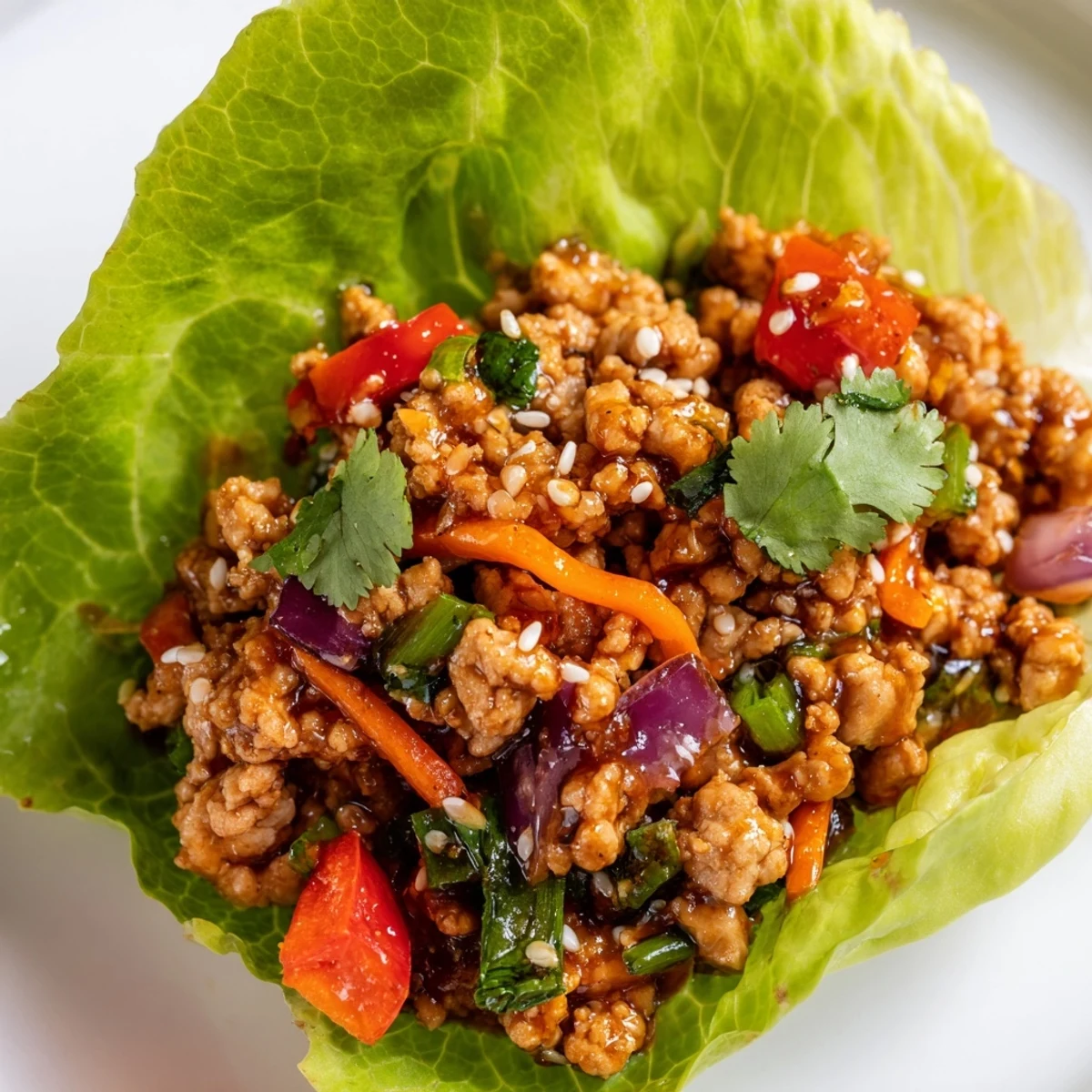 Seasoned ground turkey lettuce wrap bowls served in crisp romaine leaves with fresh vegetables