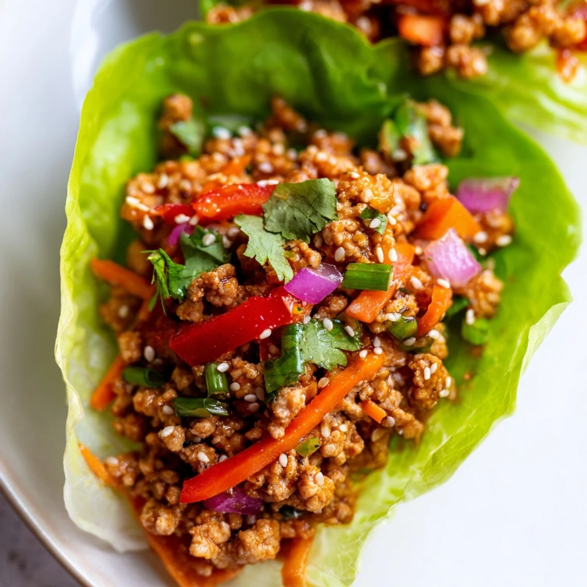 Crisp lettuce cups filled with savory healthy ground turkey and colorful diced vegetables