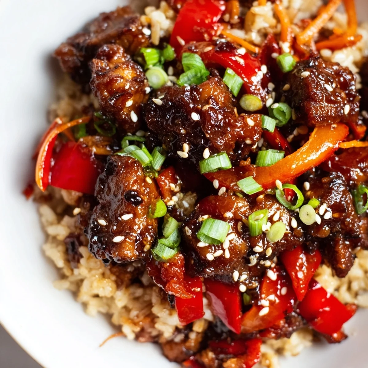 One Pan Korean BBQ Chicken and Rice in a skillet topped with fresh green onions and sesame seeds