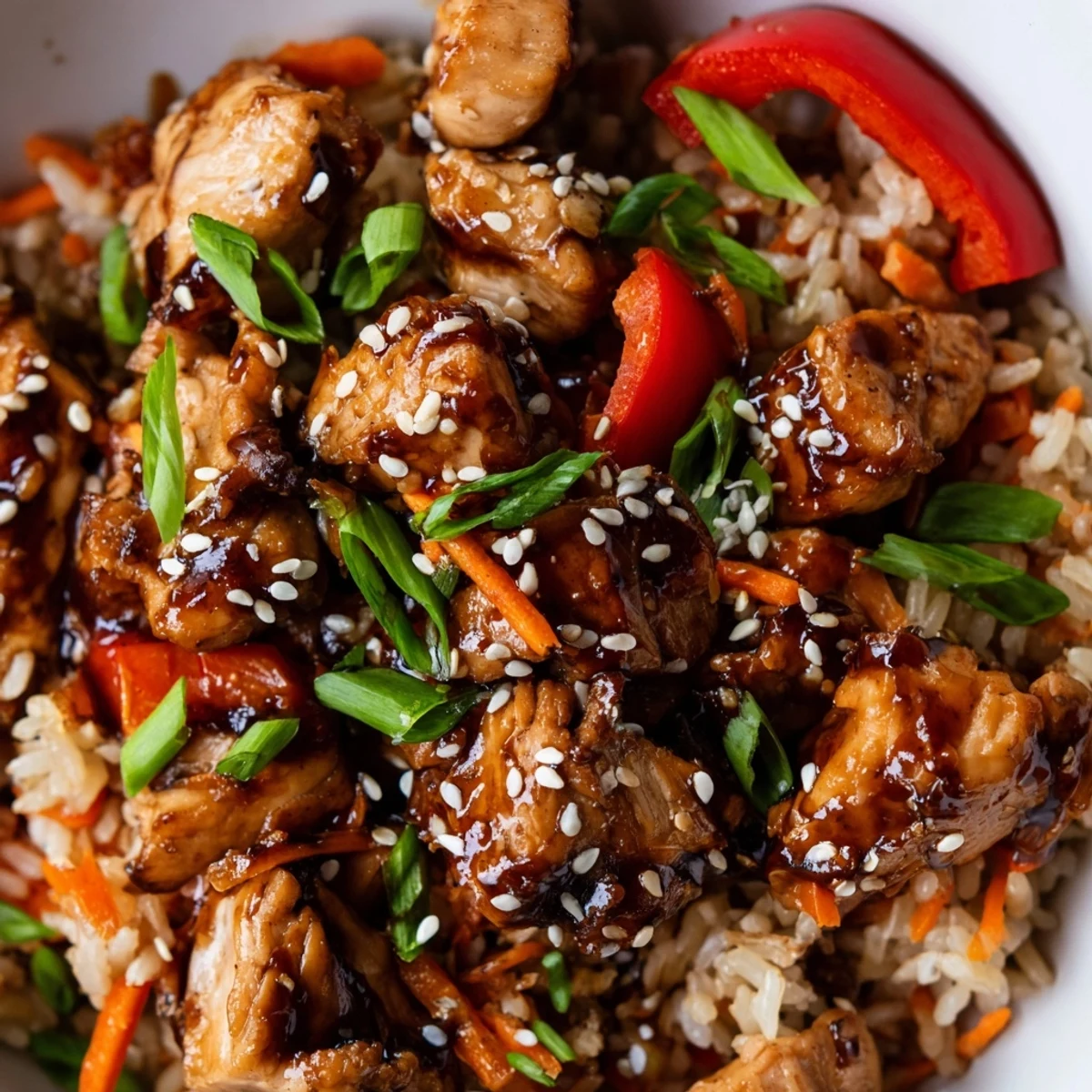 Glossy One Pan Korean BBQ Chicken and Rice with colorful bell peppers and tender juicy chicken pieces