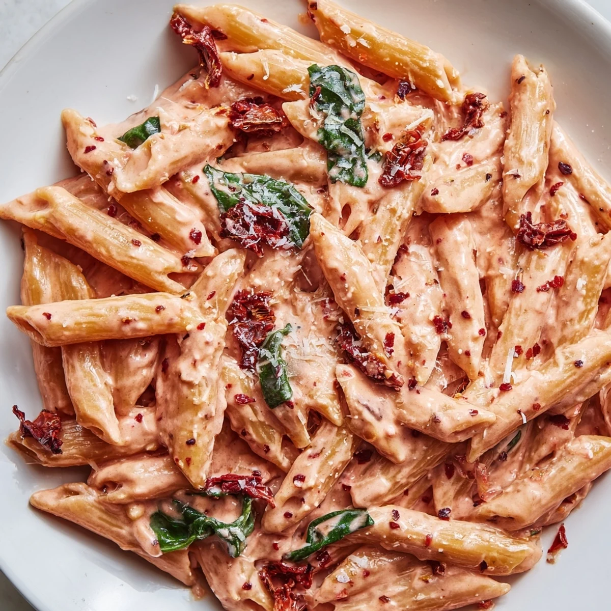 Creamy sun dried tomato spinach pasta in a rustic skillet with velvety rose-colored sauce coating every tender noodle
