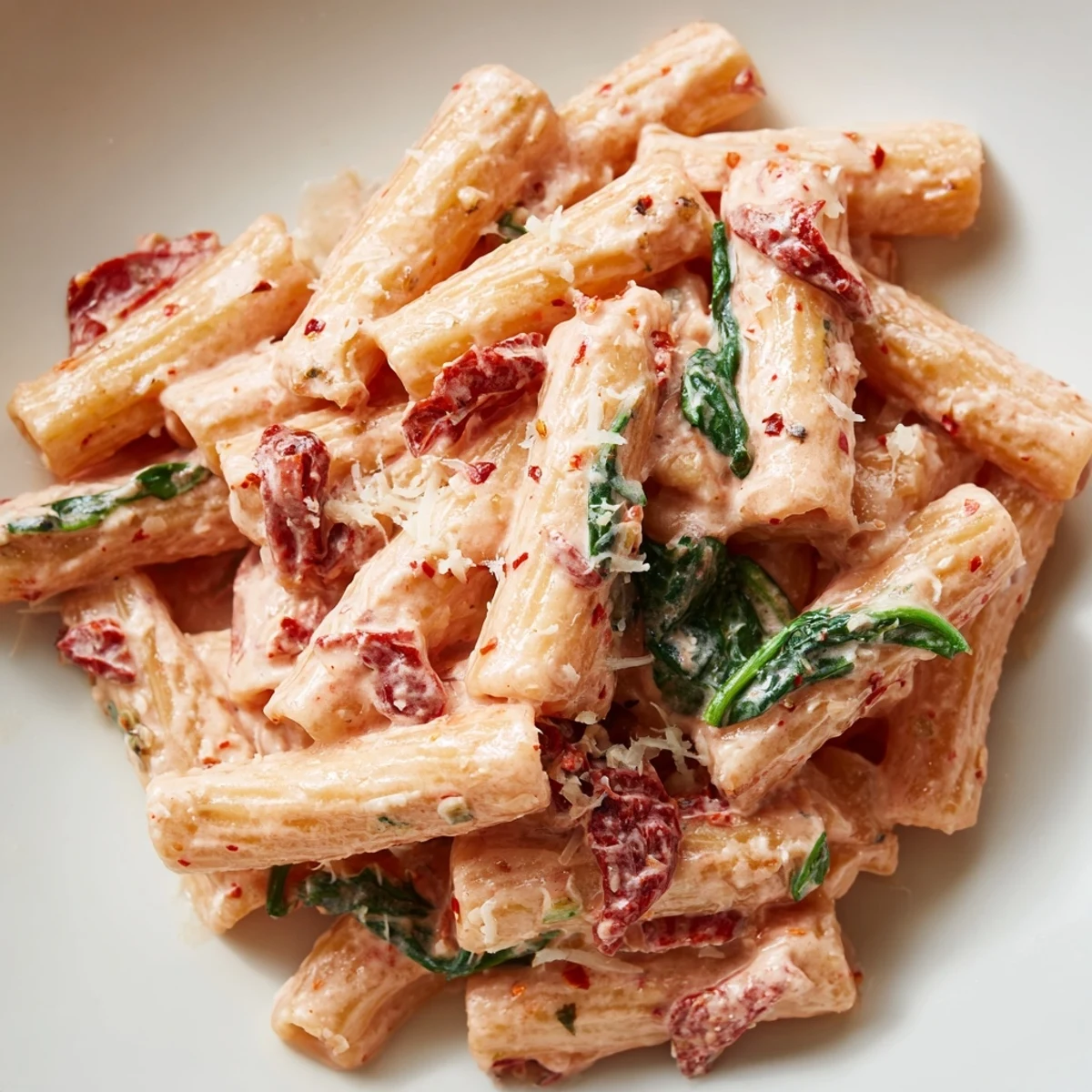 One pan creamy sun dried tomato spinach pasta topped with grated Parmesan and flecks of bright green leaves