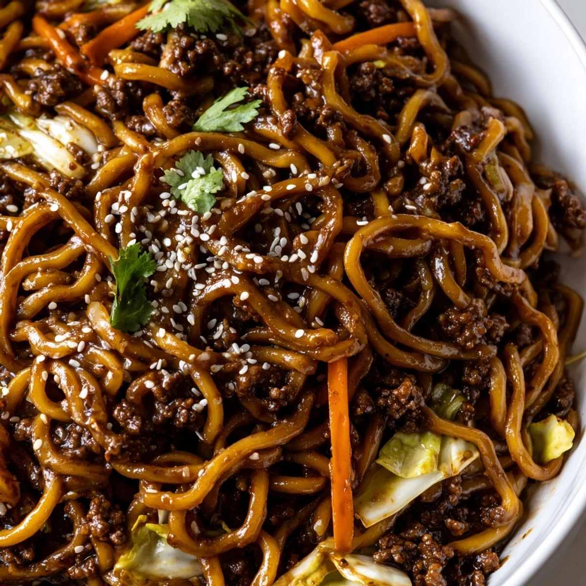 Sesame-garnished Asian Ground Beef Noodles with colorful vegetables in a savory brown sauce