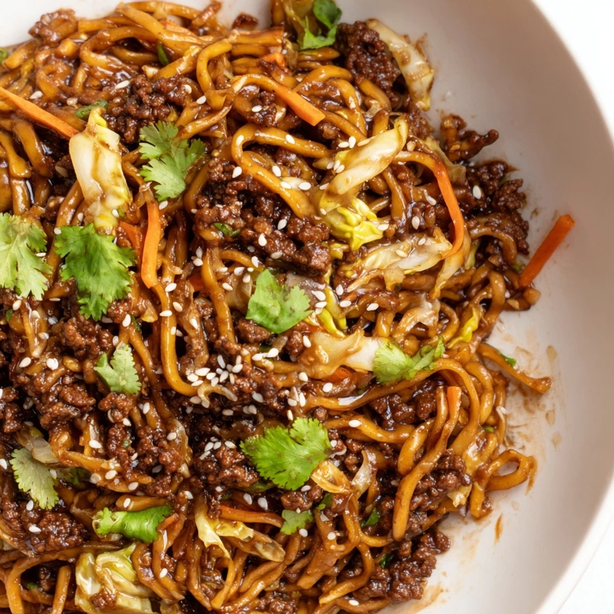 Steaming bowl of Asian Ground Beef Noodles topped with sliced green onions and sesame seeds