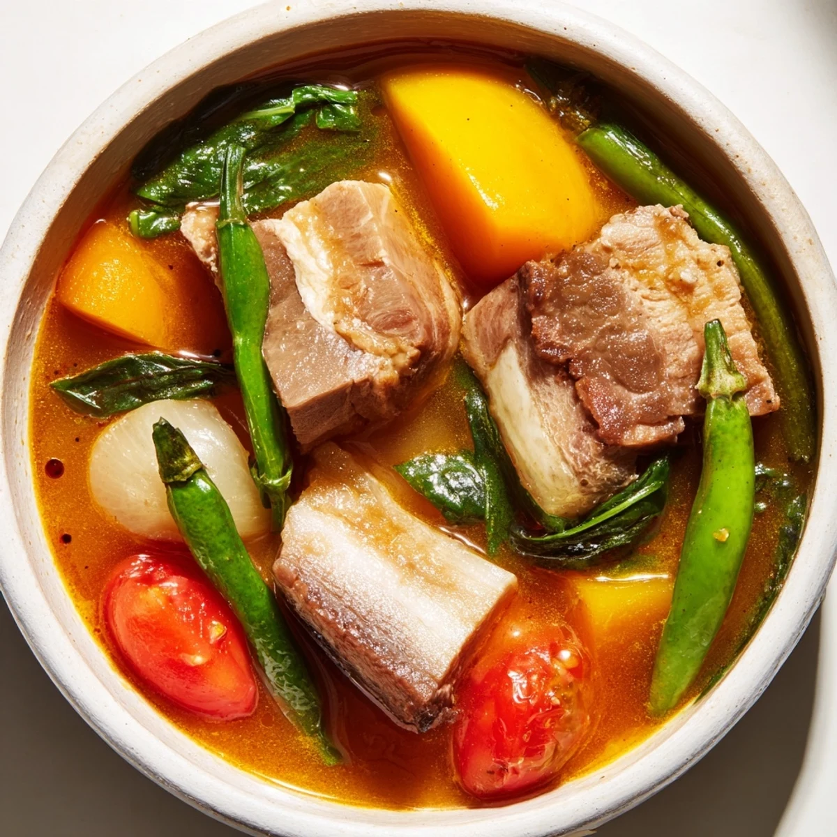 Steaming bowl of Filipino Sinigang with tender pork chunks and colorful vegetables in tangy tamarind broth